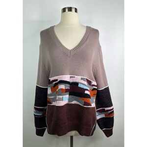L. F. Markey 200% wool v-neck oversized Colorblock Patterned V-Neck Sweater